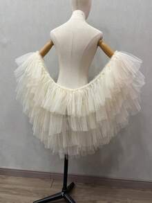 1pc White Bride Minimalist Detachable Multi-Layer Asymmetrical Mesh Shawl Dramatic Puff Sleeve Cape Bridal Accessory - Multicolor - View 21