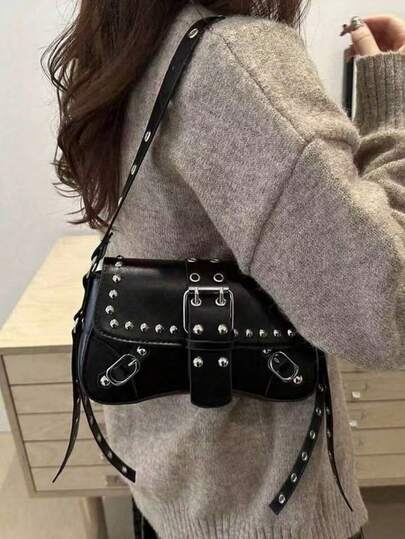 Y2K复古铆钉女士单肩包，新月形斜挎包，休闲日常单肩包，适合购物、装钱包，适合年轻女性、大学生、新手和上班族女性。完美适用于办公室、大学、工作、商务、通勤、户外、旅行和徒步等场合，复古风十足。