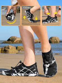 1 Pair Geometric Pattern Woven Lace-Up Men's Water Shoes, Outdoor Summer Fitness Barefoot Shoes - Black - View 8