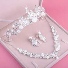 Bridal Flower Crown Necklace And Earrings Set, High-End Wedding Pearls Crown Necklace And Earrings 3 Pieces Set, Suitable For Evening Party, Birthday, Wedding - Silver - View 5