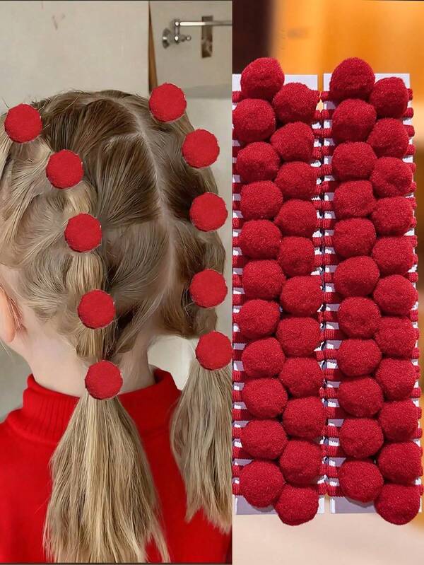 30pcs Red Ball Hair Scrunchies, Cute Girl Hair Accessories, Random Colors