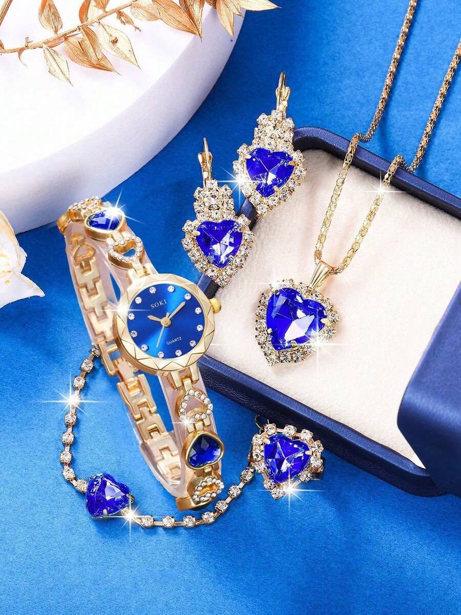 1 Set Women's Fashion Green Fully Rhinestone Quartz Watch Set, Includes Necklace, Earrings, Bracelet, Ring, Accessory Set, Suitable For Daily Wear, Birthday Gift, Party, Holiday Gathering, Ideal Gift For Yourself Or Friends. Does Not Include Gift Box. - Blue - View 1