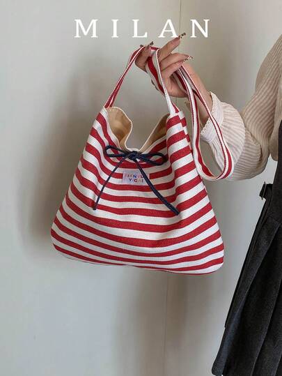 2026 New Striped Canvas Tote Bag, Korean Ins Style Casual Shoulder Bag, Large Capacity Shopping Bag