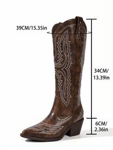 复古刺绣时尚舒适西部靴，新款侧拉链设计，防滑V型皮革，尖头设计，骑士靴，粗跟显瘦百搭休闲高筒靴，适合音乐节、万圣节等场合。 - 咖啡棕 - 查看 7