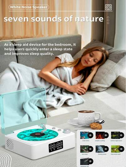 Altavoz inalámbrico Bluetooth con forma de tocadiscos de vinilo retro, con pantalla digital, reloj, luz ambiente, modos de ruido blanco y compatible con reproducción de tarjeta TF
