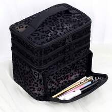 Black Minimalist Fashion Mesh Leopard Print, Large Capacity Multi-Functional 3-Layer Makeup Bag, Single Handle Multi-Pocket Convenient Design, Foldable Storage Bag, Compartment Storage - Black - View 6
