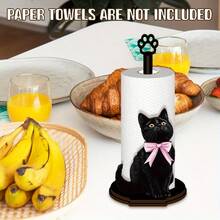 黑色猫形厨房纸巾架，木质厨房纸巾架，单层抹布架，立式厨房纸巾架，台面纸巾和保鲜膜分配器 - 彩色 - 查看 4