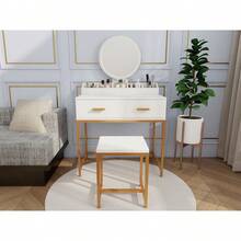 Tocador con Espejo y Taburete - Mesa de Maquillaje con Cajones de Almacenamiento y Organizador, Blanco y Dorado, Diseño que Ahorra Espacio para Dormitorios Pequeños - Blanco + Tablero de partículas + MDF + Moderno - Ver 12