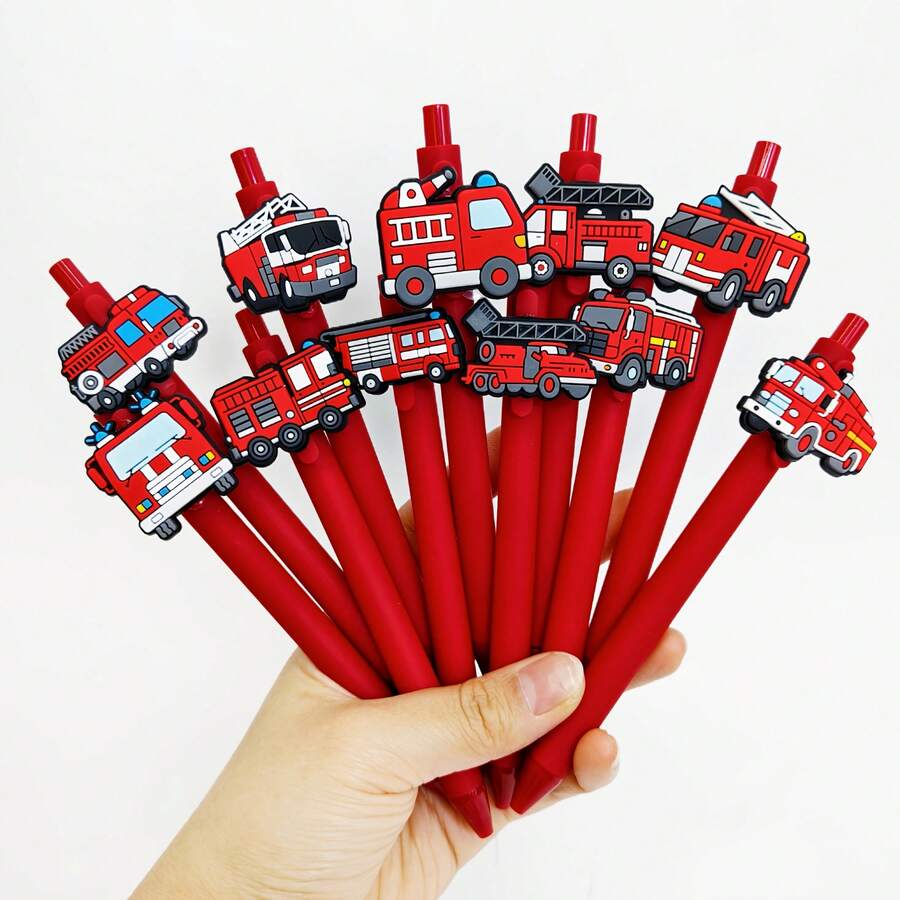 6pcs Fire Truck Series Ballpoint Pens, Transportation Themed Round Pens, Student Writing Gift Pens, Random Style - Sets - View 1