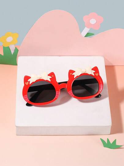 1副男女童（3-8岁）聚碳酸酯镜框可爱卡通小猫图案带蝴蝶结配饰时尚眼镜，适合户外派对、郊游和旅行，附眼镜盒