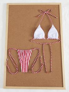 女士性感时尚活力可爱纯休闲度假沙滩旅行派对印花挂脖系带泳衣，性感新品春夏度假装 - 紅白條 - 查看 4