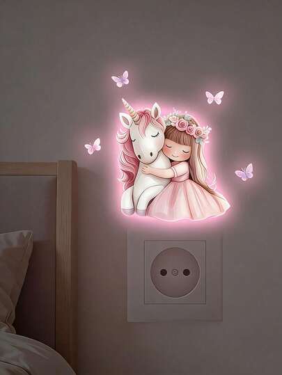 10*10cm Pink Unicorn Glow-In-The-Dark Wall Sticker, Luminous Tape For Indoor Use, Suitable For Decorating Bedroom Walls With Cartoon Watercolor Designs, Applicable For Living Room And Study Area