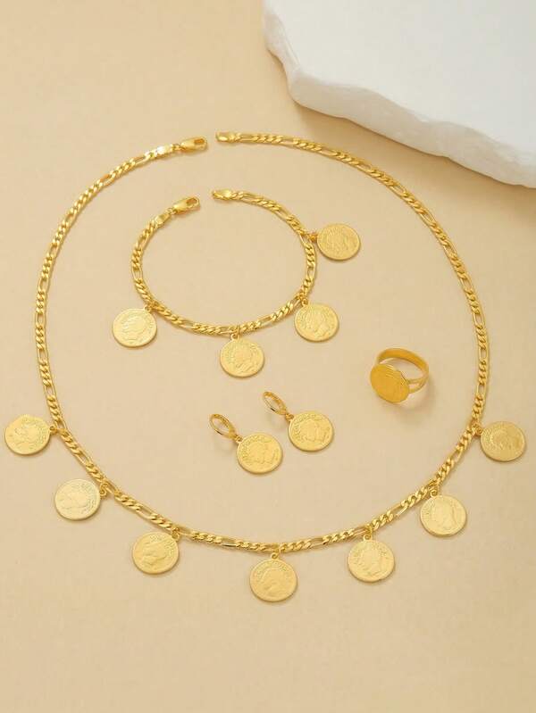 5 pièces Ensemble de bijoux personnalisés avec portrait en médaille circulaire, comprenant un collier pendentif, des boucles d'oreilles, une bague et un bracelet, bijoux en pièce d'or