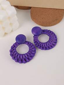 一对手工编织藤条镂空圆形耳环，搭配天然木圈，时尚海岛度假风，适合度假、派对和送礼。 - 紫羅蘭色 - 查看 1