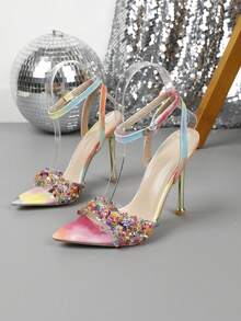 High Heel Fashionable Pointed Toe Metal Sandals, Casual For Daily Wear In Summer - Pink - View 13