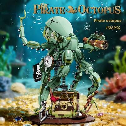 Bộ xếp hình bạch tuộc cướp biển 1128+ mảnh, cấu trúc có thể tháo rời, xúc tu điều chỉnh được, thiết kế đa năng, gạch trang trí sưu tầm, thích hợp trang trí nhà cửa và bàn làm việc, món quà tuyệt vời cho Giáng sinh, Halloween, sinh nhật.