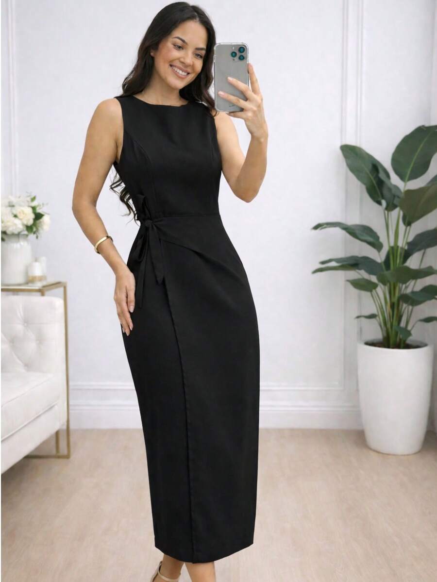 Women's Tailored Midi Dress - Elegant For Parties, Weddings Or Summer | White And Red Dress With A Perfect Fit - 黑色 - 查看 1