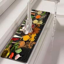 1pc, Kitchen Seasoning Pattern Sink Faucet Suction Pad, Drain Pad, Kitchen And Bathroom Sink, Countertop, Drain Pad, Diatomite Washbasin, And Cuttable Quick-Drying Pad. - Multicolor - View 5