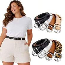 Set Of 4 Women's Thin Belts, 1.5cm Wide, Colors: Black/White/Caramel/Leopard Print, Silver Buckle, Fashion Blogger Style - Ana - 彩色 - 查看 11