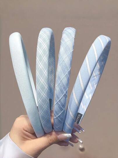 4 Stück/Set blaue karierte Stirnbänder für Mädchen, vielseitige Preppy-Stil Haarzubehör, geeignet für den täglichen Gebrauch