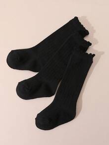 3 Pairs Girls' Black Solid & Striped Crew Socks, Minimalist Versatile, Suitable For Daily Wear - Black - View 5