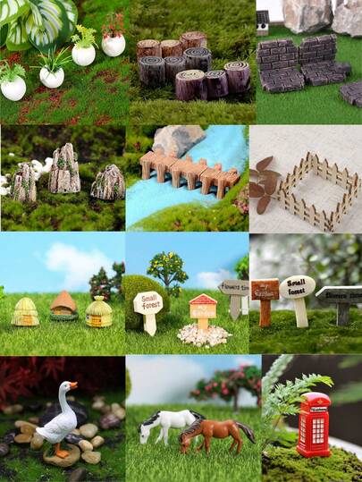 树脂微景观装饰品，包括仿真山、盆栽多肉植物、树桩、路标、茅草屋、栅栏、DIY花园砖、电话亭、鸭子、小马摆件