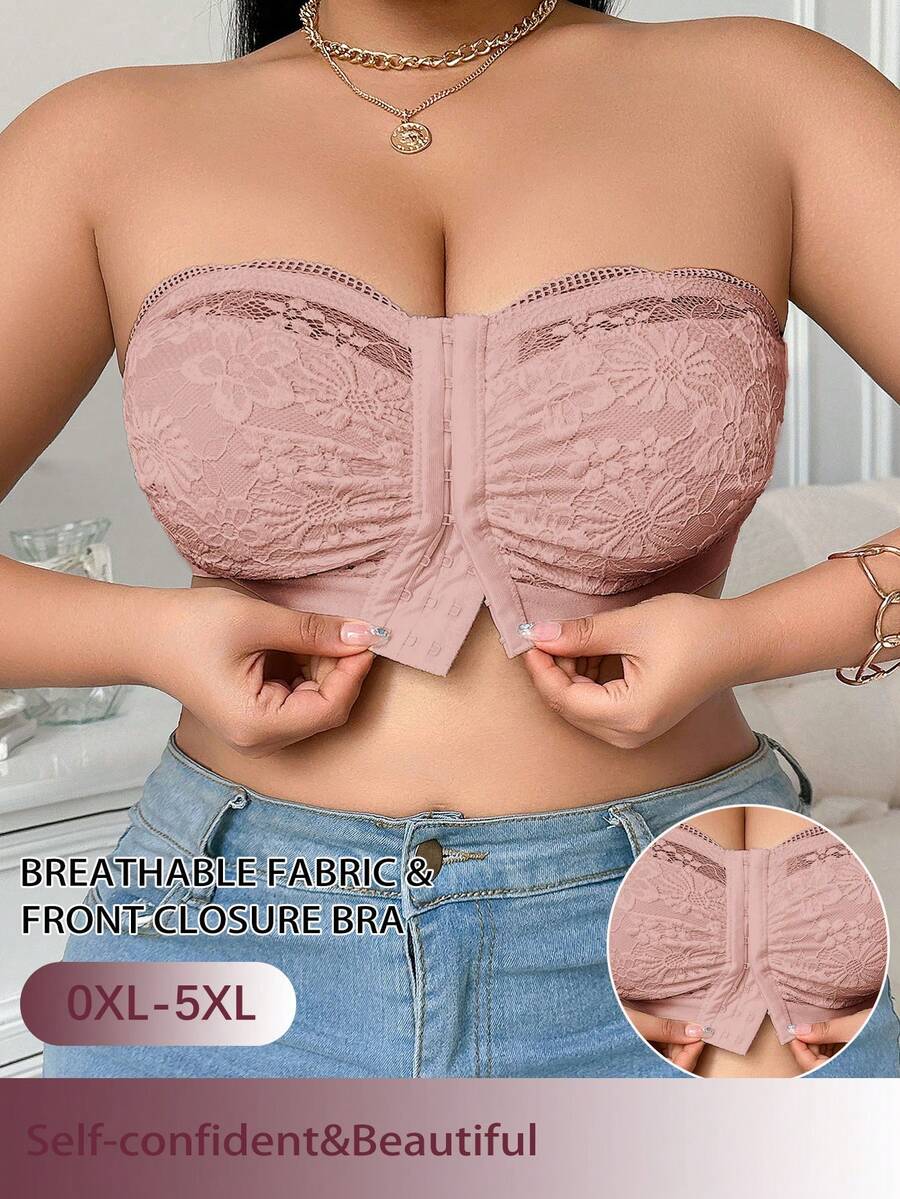 Plus Size Comfortable Front Closure Lace Patchwork Wireless Bra - Apricot - View 1