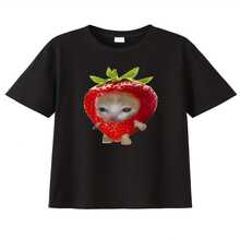 Summer Fashion Casual Simple Cartoon Cute Strawberry Cat Sticker Print Crew Neck T-Shirt - Black - View 2