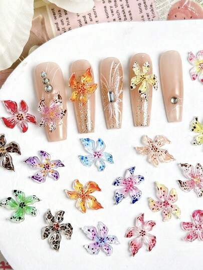 30pcs Resin Soft Sculpt Icy Crystal Lily Flower Painted, Colorful 3D Floral Nail Art Stickers, Handmade Rhinestone Nail Decals, DIY Scrapbooking, Phone Case Decoration, Fashion Earring Accessories, Craft