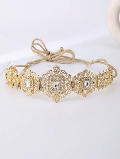 1pc Moroccan Style Rhinestone Embellished Waist Belt, Vintage Palace Style, Bridal Sash For Wedding, Party, Festival Accessory, Holiday Gift