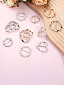 10 piezas Clips para bufanda, Clips para camisa con dorado/plateado, perla y rhinestone, broche de corbata de moño de metal, accesorios de moda para mujer, clips para camisa redondos, estilos multifuncionales adecuados para varias estructuras, playa, vacaciones, accesorios, artículos esenciales de viaje - Multicolor - Ver 8
