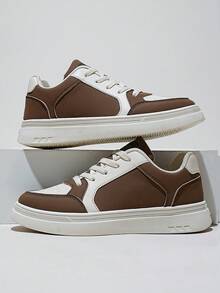 Men's Fashion Sneakers, Brown White Chunky Platform Lace-Up Shoes, Skate Style Casual Shoes - Cool Gift For Him, Skateboarding Inspired Design - 米色 - 查看 3