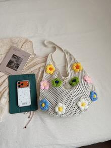 新款编织手提包，大容量度假旅行女士单肩包，时尚花卉图案托特包 - 白色 - 查看 7