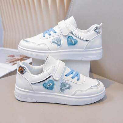 Pink & White Heart Kids Sports Shoes, Hook And Loop No-Tie, Girls' Soft Sole Non-Slip Campus Casual Sneakers
