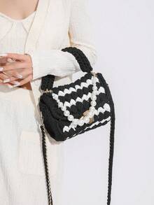 1 pieza Bolso de hombro a cuadros blanco y negro estilo punk hecho a mano, bolso cruzado con cadena, bolso artístico versátil, cadena desmontable, bolso cuadrado de gran capacidad, regalo adecuado para novia o mejor amiga - Multicolor - Ver 14