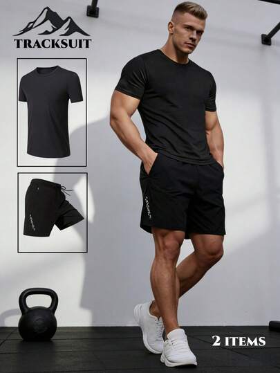 2pcs/Set Men's Summer Fitness Training Short Sleeve T-Shirt + Sports Shorts, Suitable For Running, Workout, Gym, Casual Sports Commute Outfit