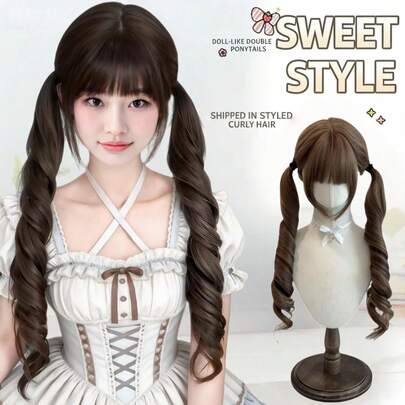 24 Inch Roman Curly Double Ponytail Wig With Bangs, Sweet & Cute Big Wave Double Ponytail Style, Suitable For Daily Wear, Halloween, Christmas, Cosplay, Party, Date