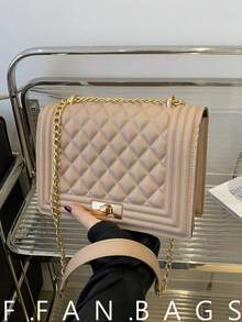 Túi đeo chéo nhỏ cho nữ, kiểu dáng thời trang mới, dây đeo xích, hình vuông, chất liệu da PU, nắp gập. - Màu Khaki - Xem 1