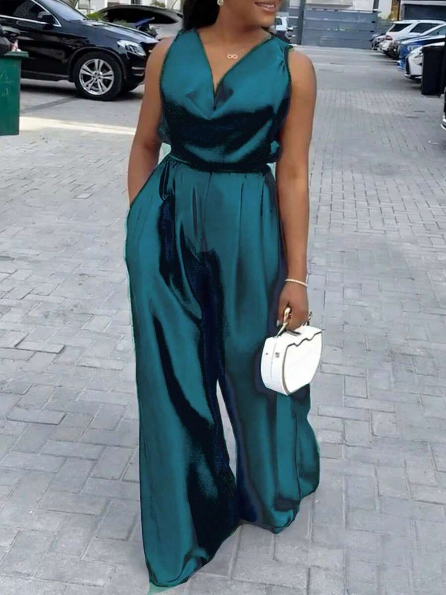 Mono elegante de mujer con pliegues sin mangas, mono ancho de estilo casual de seda sintética, adecuado para vacaciones y uso diario, primavera/verano - Azul - Ver 1
