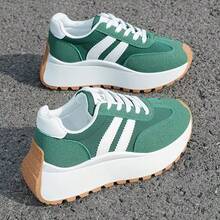 Women's Chunky Wedge Platform Sneakers, Retro Striped Thick Sole Trainers, Casual Non-Slip Fashion Shoes - 綠色 - 查看 3