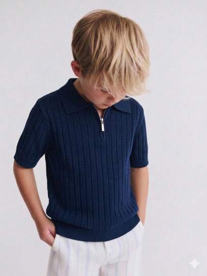 男童纯色麻花针织短袖半拉链轻薄毛衣，适合上学和日常穿着，春夏秋季皆宜。