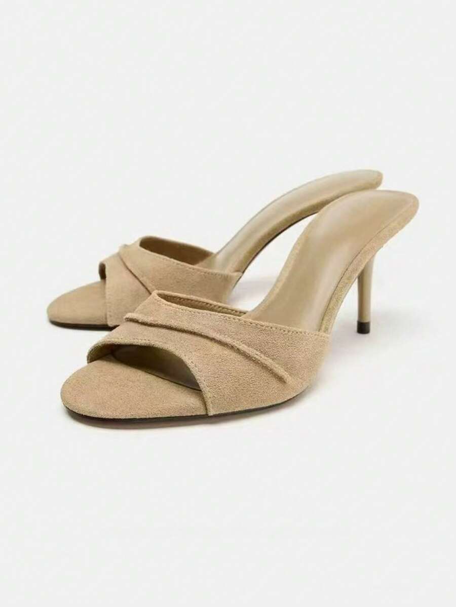 2026 Summer New Fashion Brown Suede Open Toe Stiletto Slide Sandals, Versatile Slip-On High Heel Mules For Commuting & Party Wear - Khaki - View 1