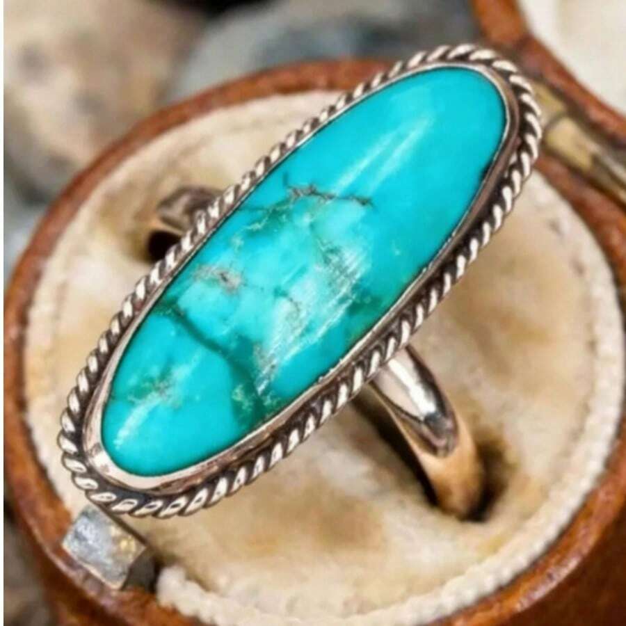 Un anillo de mujer de estilo bohemio vintage personalizado, chapado en plata con turquesa sintética incrustada, adecuado para regalos y uso diario, regalo perfecto de Navidad/Día de San Valentín para seres queridos - Plateado - Ver 1