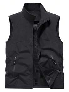 Outdoor Sports Vest For Men, Spring Autumn Lightweight Stand Collar Jacket With Multiple Pockets, Casual - Black - View 1