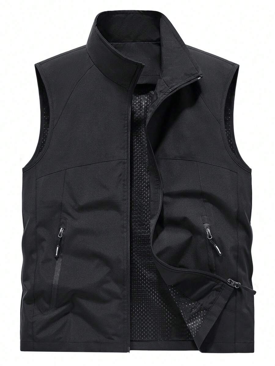 Outdoor Sports Vest For Men, Spring Autumn Lightweight Stand Collar Jacket With Multiple Pockets, Casual - Black - View 1