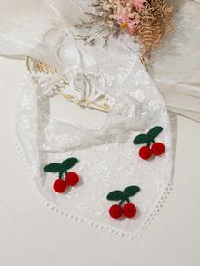 1pc Elegant Lace Crochet Cherry Printed Triangular Scarf, Sweet Cute Countryside Style For Spring/Summer Beach Photo Shoot - White - View 4