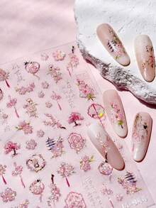 1pc Romantic Pink Peach Blossom Tower Circular Fan Hollowed Window Tassel Pendant Antique Tree Chic Nail Art Stickers Manicure Decal - Pink - View 5