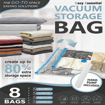 5pcs/Set Extra Large & Thick Vacuum Compression Bags With Hand Pump, Transparent Quilt Vacuum Bags, Storage Bags, Clothes Vacuum Storage Bags - Vacuum Compression Bags, Vacuum Storage Bags, Vacuum Compression Bags, Space Saving Storage Bags - Thickened Vacuum Compression Bags, PE+PA Composite Compression Bags, Transparent Visible Compression Bags - Rental Storage Essential