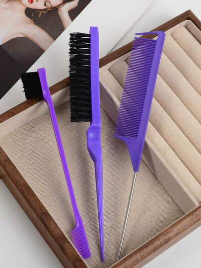 4件套美发造型梳套装，包含猪鬃顺滑后梳、胡须刷、尖尾梳、双面发际线定型刷、眉刷、尼龙提拉梳——打造蓬巴杜发型、侧分发型、卷发造型和抚平毛躁的利器，男女通用，适合专业发型师和日常使用，旅行必备。