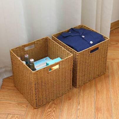 1Pc Handmade Woven Storage Basket Large Capacity Multi Functional Cube Organizer Ideal For Living Room Bedroom Home Kitchen Dormitory Office Cosmetics Sundries Trash Can Gift Basket Gift Box Wall Cabinet Home Decoration Kitchen Accessories